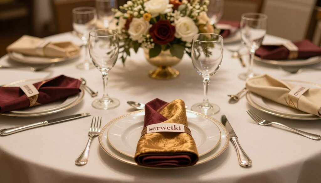 A beautifully arranged dining table featuring elegant napkins ("serwetki") folded in intricate designs. In the foreground, focus on a variety of napkins displayed in rich textures and colors, such as deep burgundy, antique gold, and soft cream. The middle ground showcases polished silver tableware and delicate glassware, arranged symmetrically around the napkins, enhancing the elegance. The background features a softly blurred table setting adorned with lush floral centerpieces, creating depth. The warm, ambient lighting bathes the scene in a golden glow, accentuating the luxurious materials and adding an inviting atmosphere. Capture this image from a slightly elevated angle to highlight the arrangement and create a sense of sophistication and refinement.