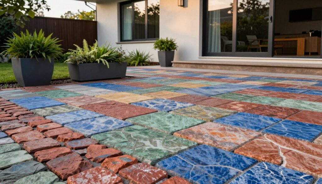 A beautifully arranged modern outdoor space showcasing various designs of colorful paving stones. Foreground features a close-up of intricately laid cobblestones in vibrant hues, including warm reds, cool blues, and earthy greens, creating a harmonious and contemporary pattern. In the middle ground, stylish planters with lush greenery complement the stone designs. The background reveals a sleek, modern home with large windows and neutral-colored walls, reflecting a sense of sophistication. Soft, natural lighting bathes the scene in a warm glow, while the angle captures a slightly elevated view to emphasize the intricate patterns of the paving. The overall atmosphere is inviting and modern, perfect for illustrating innovative compositional ideas in stone landscaping.