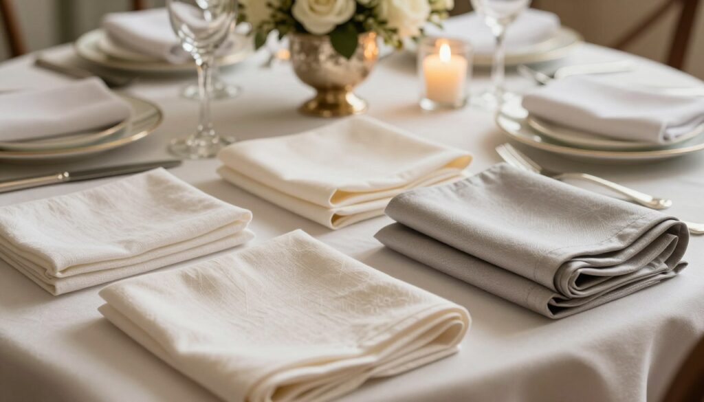 A beautifully arranged table showcasing various fabrics for napkins, focusing on an elegant selection. In the foreground, display a variety of napkin materials, such as cotton, linen, and satin, folded in intricate designs like fans and scrolls. The middle ground features a finely set dining table with polished silverware and delicate china, creating a sophisticated ambiance. In the background, softly blurred, there are decorative elements like floral centerpieces and candlelight to enhance the atmosphere. The lighting should be warm and inviting, casting gentle shadows that emphasize the textures of the fabrics. Capture this scene from a slightly elevated angle to provide a comprehensive view, evoking a sense of luxury and refinement suitable for a stylish dining experience.