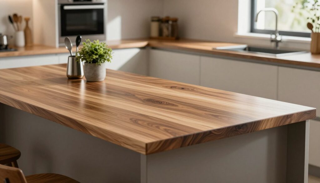 A beautifully crafted veneer countertop prominently displayed on a modern kitchen island, showcasing the rich textures and natural warmth of the wood. The foreground highlights the smooth surface of the countertop, reflecting soft ambient lighting that creates an inviting atmosphere. In the middle ground, there are stylish kitchen utensils and a small potted plant to add a touch of greenery. The background features contemporary kitchen appliances and cabinetry, enhancing the overall elegance of the space. The setting is well-lit, with natural light streaming through a window, casting gentle shadows. The mood is serene and functional, illustrating the practical aspect of veneer countertops in daily life while emphasizing their aesthetic appeal.