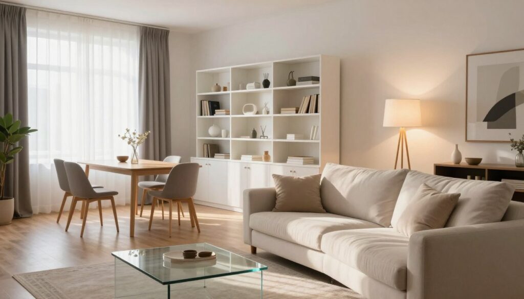 A beautifully designed dark room transformed into a bright and spacious area through clever furniture arrangement. In the foreground, an elegant light-colored sofa with soft cushions invites relaxation, accompanied by a minimalist glass coffee table. The middle features a stylish white bookshelf filled with various decorative items, reflecting light. A sleek, light-toned dining table with modern chairs adds functionality while maintaining openness. In the background, large windows draped with sheer curtains allow natural sunlight to flood in, enhancing the airy atmosphere. Soft, warm lighting from well-placed floor lamps creates a cozy ambiance. The angle captures the depth of the room, showcasing the strategic placement of furniture that visually enlarges the space, evoking a sense of peace and comfort.
