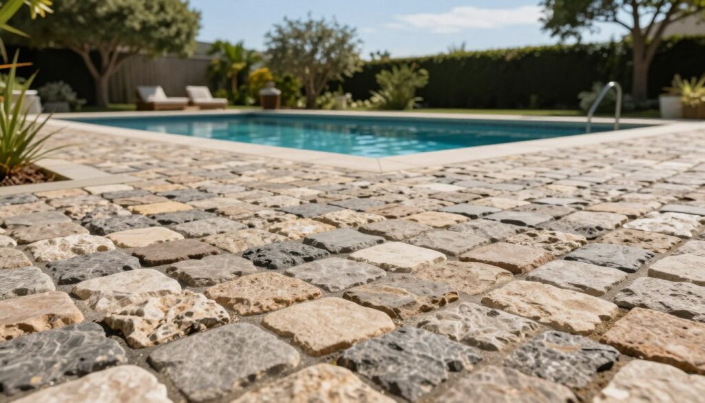 A beautifully designed pool area featuring a paved surface made of durable, aesthetically pleasing cobblestones. In the foreground, showcase an array of textured cobblestones in natural colors, highlighting their rugged charm and safety features. In the middle ground, depict a serene swimming pool surrounded by greenery, with an attractive deck made of the same cobblestones to illustrate their ideal use. The background should present a clear blue sky and lush trees, enhancing the tranquil atmosphere. Soft sunlight filters through, casting gentle shadows on the cobblestones, creating a warm and inviting mood. Use a slightly elevated angle to capture the entire pool area, bringing focus to the practicality and beauty of the cobblestone surface.