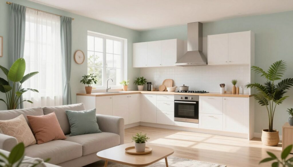 A beautifully designed small apartment of 40 m², showcasing the illusion of spaciousness through a clever use of colors and light. In the foreground, a cozy seating area with pastel-colored cushions and a light-colored coffee table. In the middle, a bright open kitchen with white cabinetry, inviting natural light flooding through large windows adorned with sheer curtains. The walls are painted in soft, light hues, creating an airy atmosphere. The background features strategically placed green indoor plants to add life and warmth. The scene is well-lit, highlighting the distinctive textures and creating soft shadows, with a slight lens flare for an ethereal touch. The overall mood is inviting, modern, and serene, reflecting comfort and clever space management.