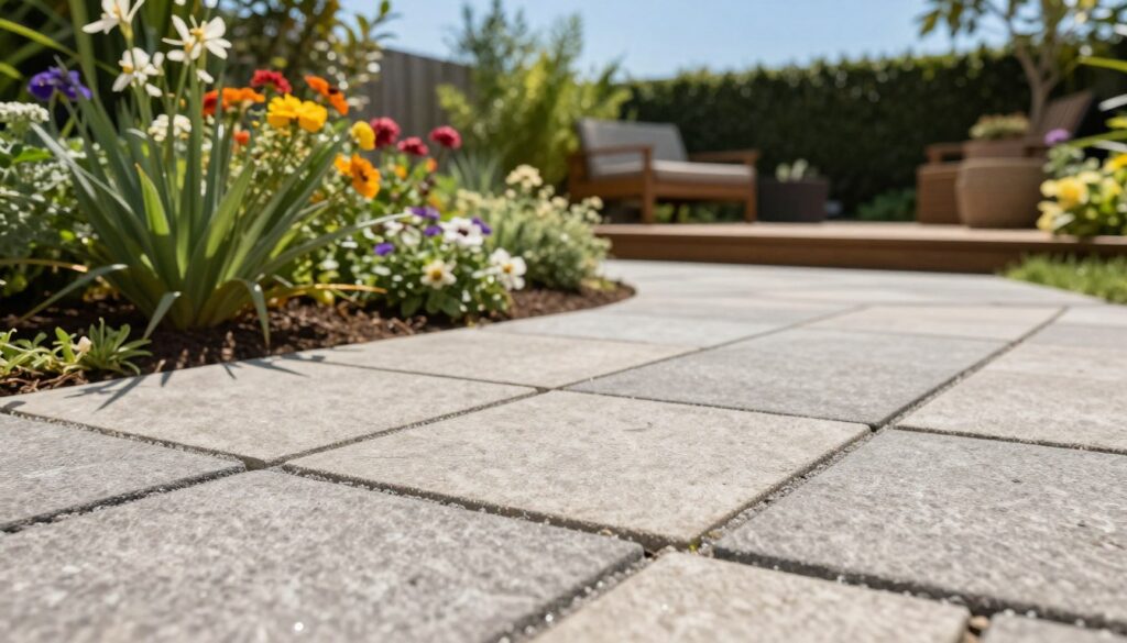 A beautifully landscaped garden featuring a stylish paving stone path, meticulously filled with high-quality joint filler. In the foreground, close-up details showcase the textured surface of the paving stones, with the joint filler seamlessly integrated, promoting a neat appearance. In the middle ground, vibrant flowers and lush greenery add a burst of color, enhancing the overall aesthetic. The background captures a serene scene with a tasteful wooden deck under a clear blue sky, hinting at a peaceful outdoor living space. Soft sunlight bathes the scene, casting gentle shadows and highlighting the richness of materials. The mood is tranquil and inviting, perfect for illustrating the best choices for garden paving solutions.