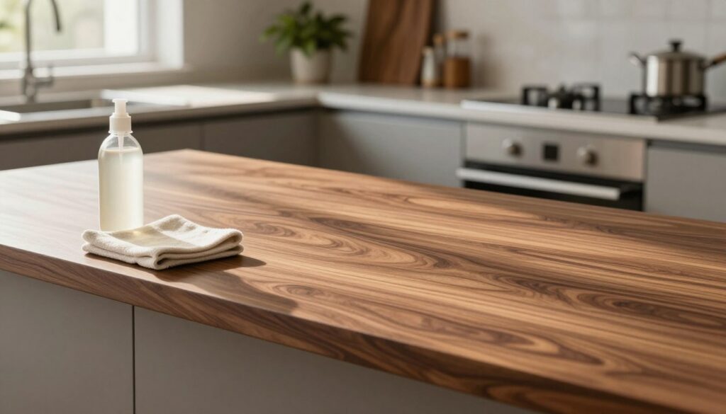 A beautifully polished wood veneer surface, showcasing the intricate grain patterns of luxurious walnut. In the foreground, a soft cloth and gentle cleaning solution are elegantly arranged, emphasizing care and maintenance. The mid-ground features a contemporary kitchen setting, with a sleek countertop accentuating the veneer. Sunlight streams through a nearby window, casting warm, natural light that highlights the richness of the wood, while creating subtle shadows that add depth. In the background, tasteful decor complements the scene, such as potted plants or stylish kitchenware, enhancing the atmosphere of sophistication and warmth. The overall mood is inviting and professional, reflecting the importance of veneer care and protection in everyday life.