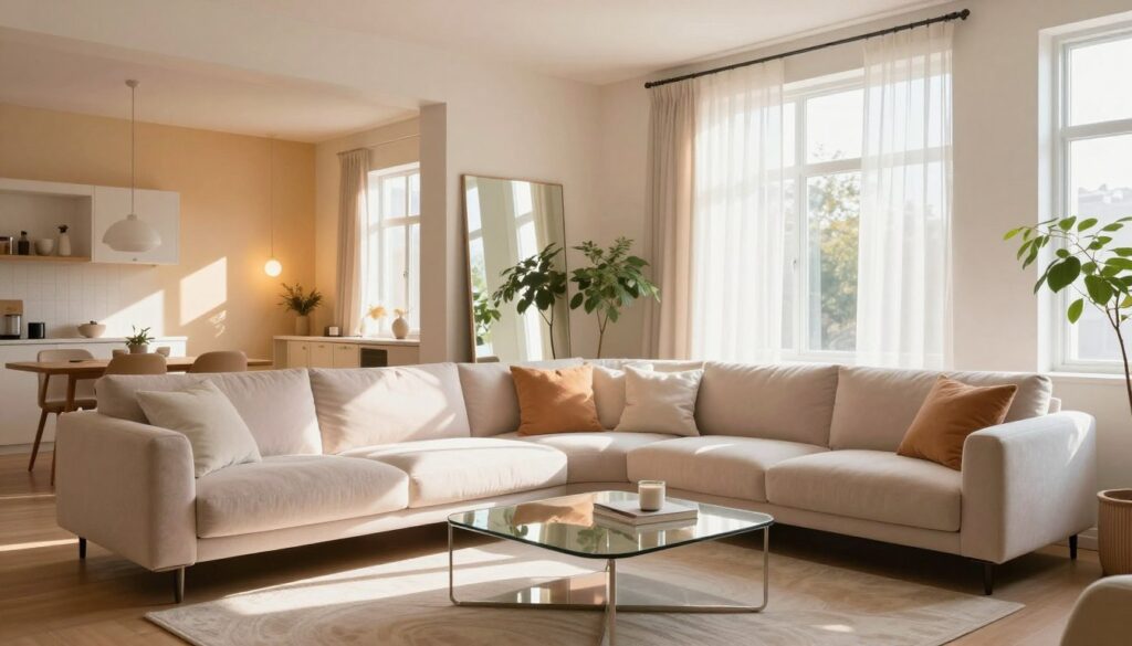 A bright and airy small living room, emphasizing optical enlargement through clever use of light and color. The foreground features a stylish minimalist sofa in soft pastel tones, flanked by sleek, reflective coffee tables. In the middle, a large mirror reflects natural sunlight flooding through a wide window adorned with sheer curtains, enhancing the sense of space. The walls are painted in warm, light colors with subtle textures, while a well-placed indoor plant adds a touch of greenery. The background showcases an open layout leading to a compact dining area, bathed in warm light. The atmosphere is inviting and serene, evoking a sense of freedom and spaciousness. Soft shadows create depth, and the overall composition conveys a harmonious blend of comfort and elegance.