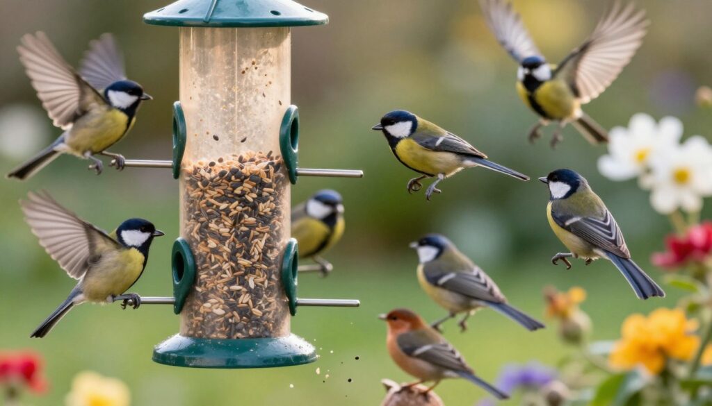 A clean and well-maintained bird feeder surrounded by a colorful array of wild birds fluttering nearby. In the foreground, the bird feeder is filled with fresh seeds, showing evidence of careful cleaning and upkeep, with scattered seeds on the ground. In the middle, various small birds, such as chickadees and finches, are perched on the feeder and an adjacent branch, looking lively and vibrant. The background features a lush, green garden with blooming flowers, softly blurred to create a warm atmosphere. The scene is illuminated by gentle, golden morning light, adding a cozy feel to the setting. The overall mood is welcoming and peaceful, showcasing the importance of hygiene and care in attracting birds to feeders.
