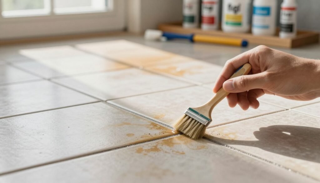 A close-up view of a beautifully finished floor showcasing the process of applying "fugi" for tile grout restoration. In the foreground, a hand gently applies a color-restoring solution to the grout lines with a small brush, highlighting the fine details of the texture. The middle ground features a section of clean, vibrant tiles contrasting with areas where stains and discoloration are evident, showcasing the before-and-after effect. Soft, natural lighting filters in from a nearby window, casting gentle shadows and enhancing the warm tones of the tiles. The background includes an array of cleaning tools and color-enhancing products neatly arranged on a wooden surface, suggesting a professional workspace. The overall mood evokes a sense of careful restoration and attention to detail, perfect for illustrating effective cleaning techniques.