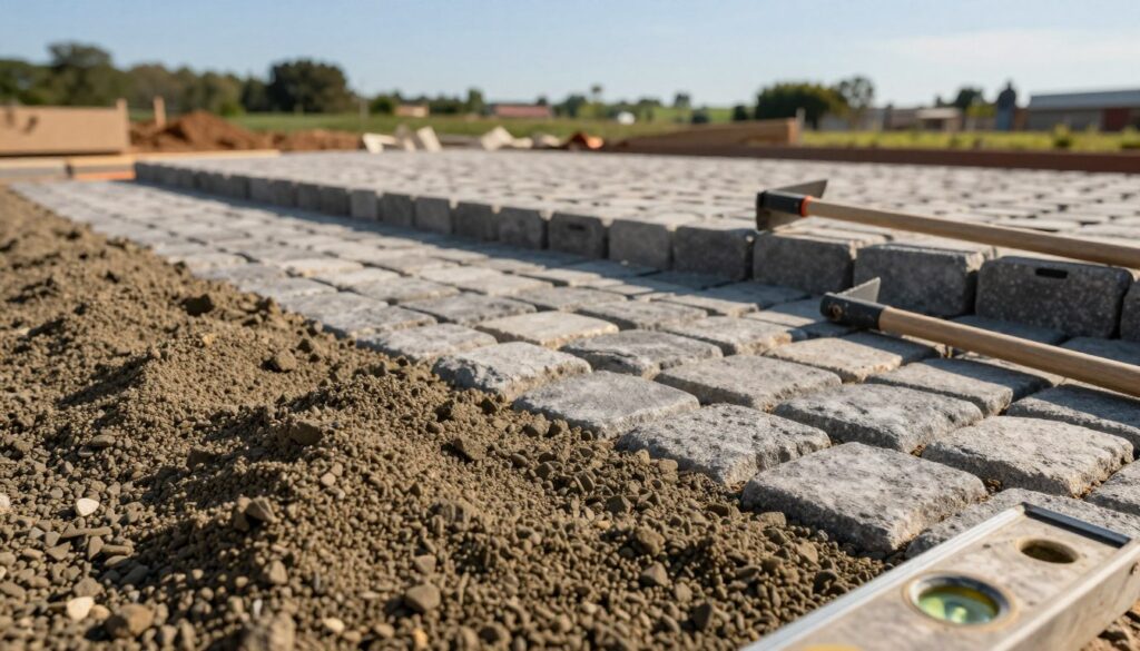 A close-up view of a construction site featuring a well-prepared base layer for cobblestone paving. In the foreground, finely granulated material with different shades of gray and brown is spread evenly, showcasing its compact texture. Tools like a rake and leveler lie nearby, hinting at the preparation process. The middle ground reveals neatly laid cobblestones in crisp lines, partially set into the smooth layer beneath them, demonstrating precision in installation. The background portrays a slightly blurred landscape with greenery and a clear blue sky, illuminating the scene with warm afternoon sunlight. The overall mood is one of professionalism and craftsmanship, capturing the essential steps in creating a stable base for cobblestones.