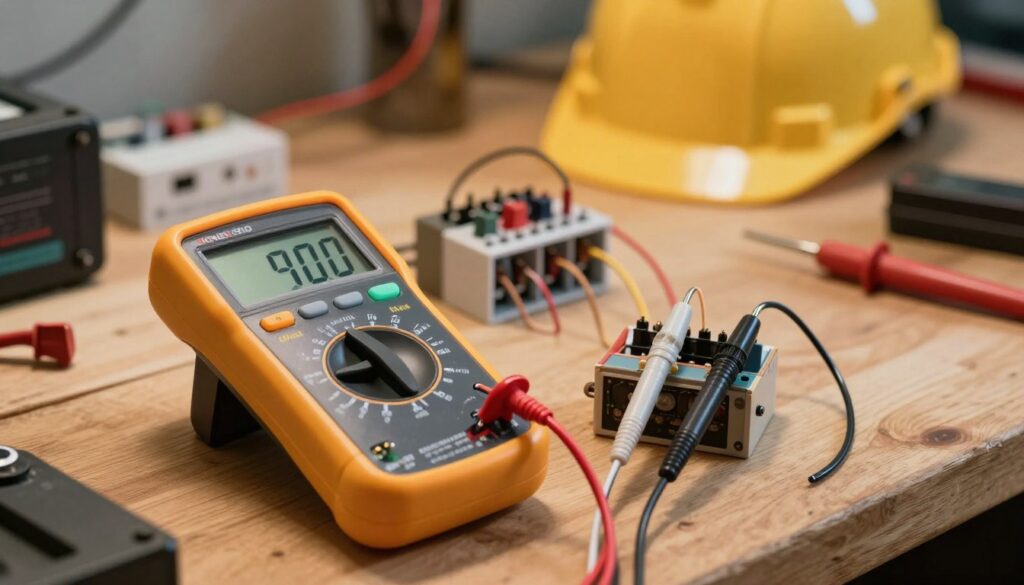 A close-up view of a digital multimeter testing circuit continuity. In the foreground, the multimeter with a clear display showing continuity readings, placed on a wooden workbench. The multimeter probes are connected to wires, visibly revealing their connections. In the middle ground, various electrical components like fuses and wires are arranged neatly, illustrating the context of electrical testing. The background features a softly lit garage workspace with tools and safety gear, creating a practical and focused atmosphere. The lighting is warm and inviting, highlighting the details of the multimeter and components. The overall mood conveys professionalism and safety in electrical work.
