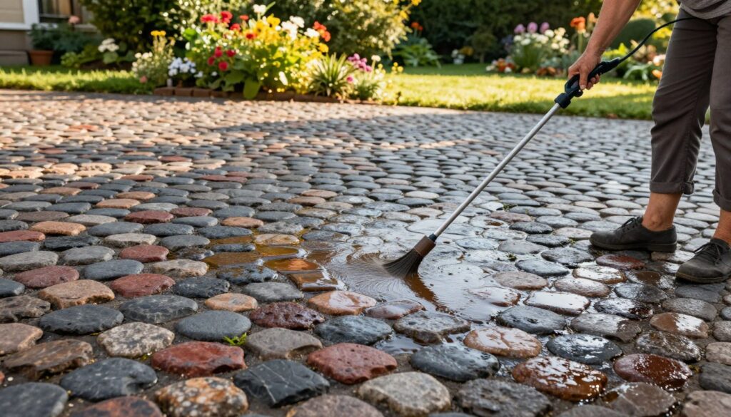 A close-up view of a freshly treated cobblestone driveway, showcasing the process of applying a protective sealant. In the foreground, a professional, middle-aged woman in modest casual clothing is carefully using a sprayer to evenly coat the cobblestones, emphasizing the glossy finish of the sealant. The cobblestones have a rich variety of colors, including deep grays, earthy reds, and soft browns, highlighting their texture and patterns. In the background, a well-maintained garden with vibrant flowers and lush greenery creates a serene atmosphere. The scene is bathed in warm afternoon sunlight, casting gentle shadows and enhancing the natural colors of the stones while conveying a sense of care and attention to detail. The angle is slightly elevated, capturing both the work being done and the beauty of the surroundings.