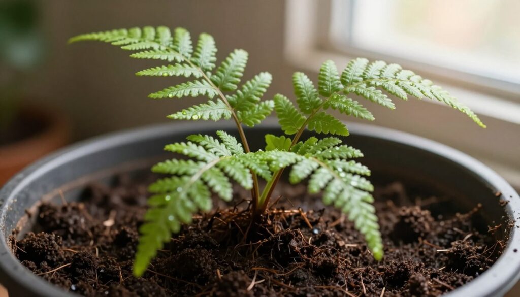 A close-up view of a lush fern cutting being placed into a pot filled with rich, dark soil, symbolizing the process of propagation. The focus on the delicate, green leaves of the fern is sharp, capturing the intricate details of the leaf structure, while softly blurred soil and pot fill the background. In the middle ground, gentle droplets of water can be seen on the leaves, highlighting humidity, while light filtered through a nearby window bathes the scene in a warm, inviting glow. Soft shadows extend outward, creating a calming atmosphere conducive to plant care. Overall, the image conveys a sense of nurturing and growth, essential for successful rooting.