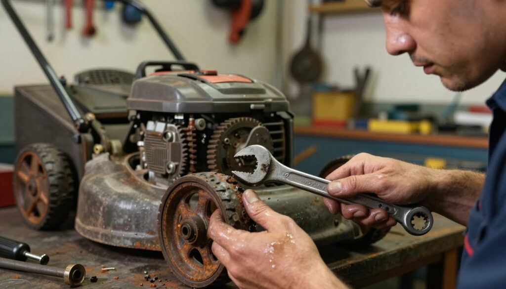 A close-up view of a mechanic's hand holding a wrench, skillfully working on a stubborn, rusted mower wheel that is stuck. The foreground shows detailed textures of oily hands, a glistening metal wrench, and a corroded wheel. In the middle, a partially disassembled lawn mower reveals intricate gears and components, showing the complexity of the task. The background fades into a softly lit workshop, with tools hanging on the walls and a workbench cluttered with spare parts, adding to the atmosphere of problem-solving. Warm, diffused lighting highlights the determination in the mechanic's expression, conveying a sense of focus and expertise. The overall mood is one of perseverance and professionalism, illustrating the challenges of removing seized components without damage.