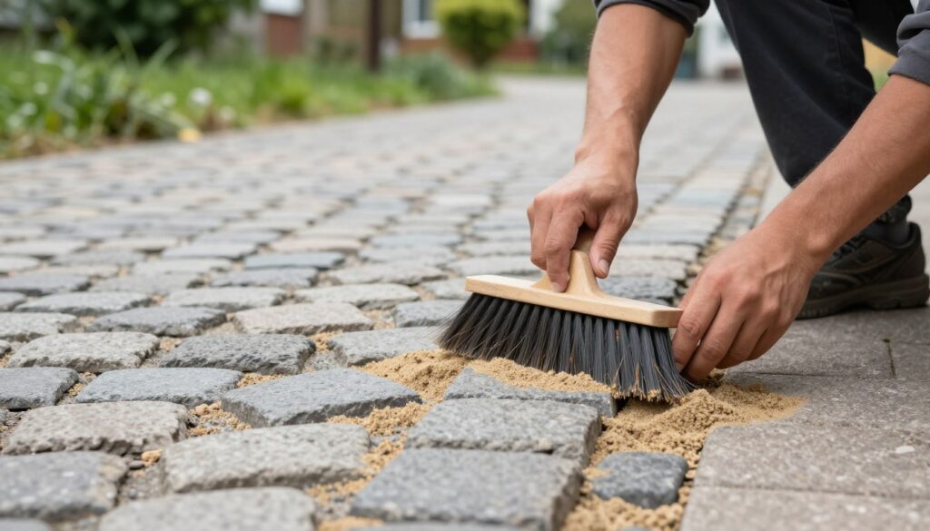 A close-up view of a person in professional work attire carefully applying sand between the joints of cobblestones during the process of "fugowanie kostki brukowej." The foreground should showcase the individual's hands holding a small broom, sweeping sand into the gaps. In the middle, freshly laid cobblestones should be visible, showcasing their textured surface and precise alignment. The background can include a blurred view of a partially completed walkway lined with lush greenery. The scene should be well-lit, with soft, natural daylight illuminating the textures of the sand and stones, creating a calm and focused atmosphere. The angle should be slightly above eye level, providing a clear perspective on the application process while emphasizing attention to detail.