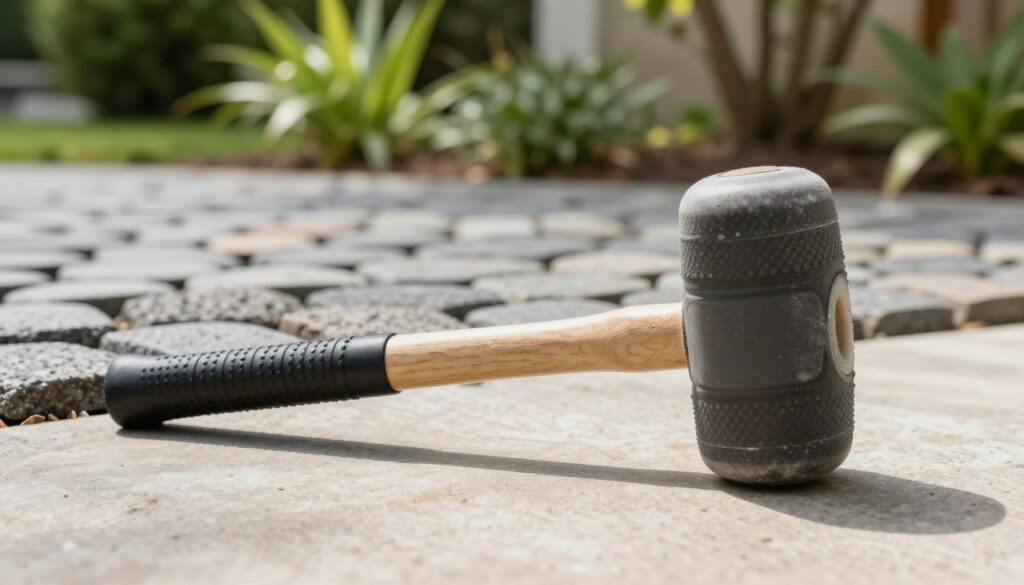 A close-up view of a rubber mallet, prominently displayed in the foreground, showcasing its textured grip and soft, rounded head designed for paving work. The mallet is resting on a light-colored stone surface, with scattered cobblestones in various shapes and sizes in the middle ground, hinting at the artistry of pavement construction. In the background, a well-maintained garden setting features lush green plants and trees, softening the industrial feel with a touch of charm. Bright, natural light filters through the leaves, creating dappled patterns on the stones. The image conveys a sense of elegance and practicality, illustrating the importance of choosing the right tool to ensure a smooth installation of cobblestones while maintaining their aesthetic appeal.