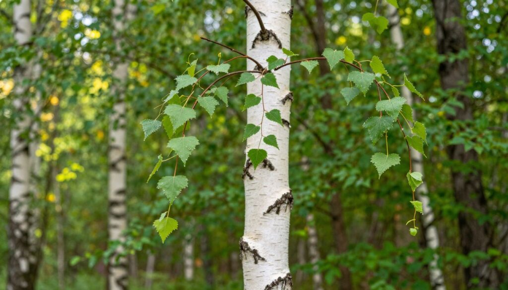 A close-up view of a young birch tree (Betula) growing rapidly, showcasing its slender white bark and vibrant green leaves. In the foreground, droplets of dew glisten on the leaves, accentuating freshness and vitality. The middle ground captures the tree as it stretches toward the sky, demonstrating its dynamic upward growth. The background features a lush, sunlit forest with soft, dappled light filtering through the foliage, creating an atmosphere of tranquility and natural beauty. The scene is shot with a shallow depth of field, focusing on the birch tree while subtly blurring the surrounding greenery. The overall mood is serene and inspirational, emphasizing the importance of growth and environmental conditions for the birch tree's development.