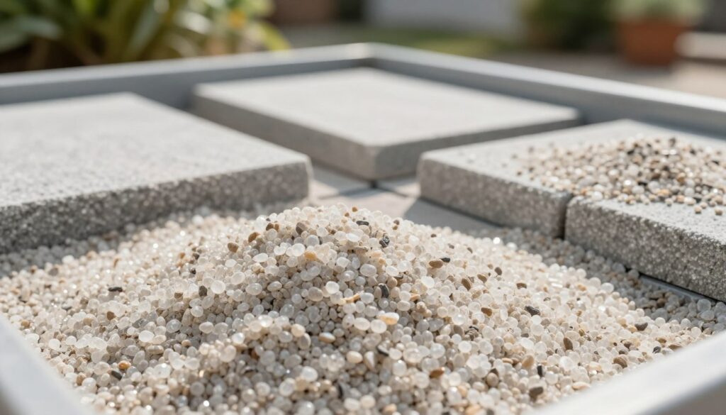 A close-up view of fine quartz sand, specifically used for filling joints in paving stones, displayed in an organized container. The foreground features a clear, textured sand pile, sparkling under soft sunlight, showing the grains' unique characteristics and subtle reflections. In the middle ground, there are several clean, neatly arranged paving stones partially filled with the quartz sand, highlighting the filling process. The background consists of a blurred garden or outdoor setting, ensuring the focus remains on the sand and paving stones. The mood is professional and instructional, with bright, natural lighting to convey clarity and precision, capturing the essence of selecting the right material for joint filling effectively.