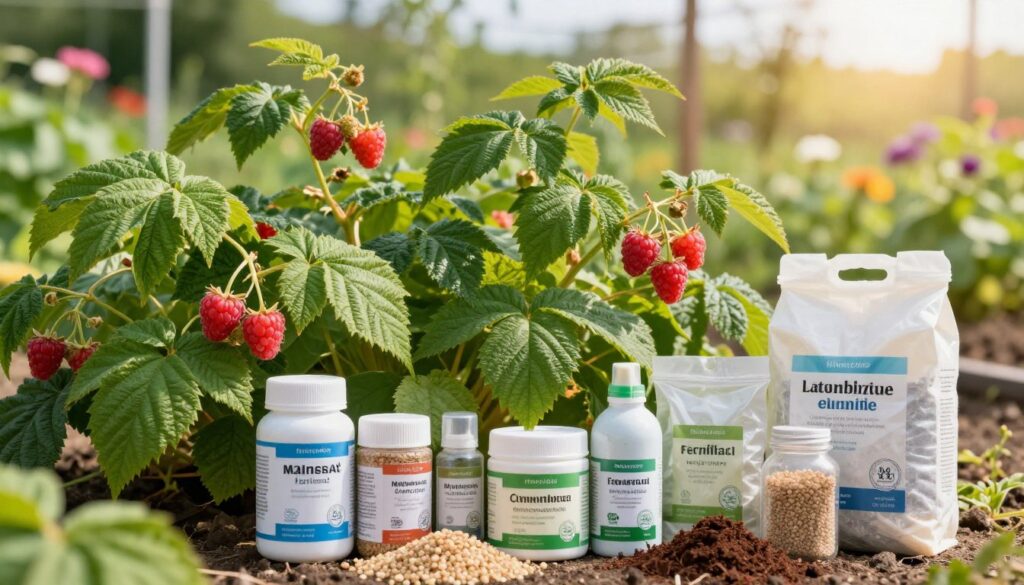 A close-up view of healthy raspberry plants in a vibrant garden setting, showcasing lush green leaves and ripe, juicy berries. In the foreground, a variety of mineral and organic fertilizers are artistically arranged, including granules and compost, with labels indicating their nutrient contents. The middle ground features the raspberry plants thriving under soft, warm sunlight filtering through the leaves, enhancing their rich colors. The background reveals a softly blurred garden landscape, with hints of other plants and flowers, suggesting a thriving ecosystem. The atmosphere is cheerful and productive, reflecting the ideal conditions for plant growth. The image should be well-lit, with a slight depth of field to emphasize the fertilizers and raspberries.