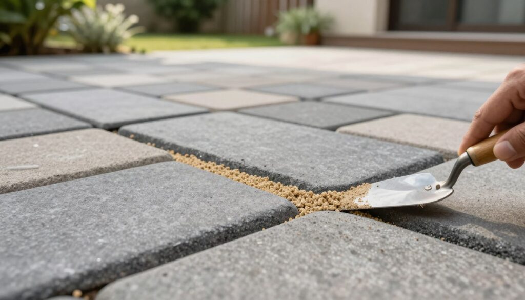 A close-up view of textured paving stones with joints filled by various types of jointing materials, such as sand, polymeric sand, and resin. The foreground shows a hand using a trowel to fill the gaps between the stones, showcasing the different materials in detail. In the middle, neatly arranged outdoor paving stones create a visually appealing patio design, while in the background, a serene garden setting with soft, diffused natural lighting illuminates the scene, casting gentle shadows. Use a wide-angle lens for depth and perspective, enhancing the visual appeal. The atmosphere is calm and inviting, perfect for an outdoor living space, emphasizing the practical applications of filling materials for paving stones.