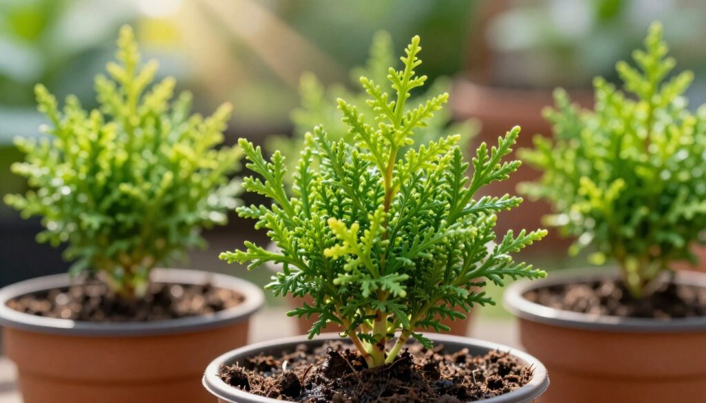 A close-up view of young Thuja saplings (sadzonki tui) with fresh green foliage, delicately placed in a small pot with moist soil. The foreground features the saplings, showcasing their vibrant leaves and healthy stems. In the middle ground, slightly blurred, there are additional pots with more saplings, creating depth. The background features a softly blurred garden setting with hints of other plants and gentle rays of sunlight filtering through the leaves, creating a warm, inviting atmosphere. The scene is captured in a bright, natural light, emphasizing the lushness and vitality of the saplings. The image conveys hope and growth, suitable for illustrating an article on propagation techniques.
