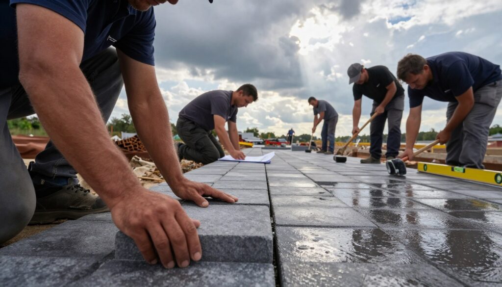 A construction site under changing weather conditions, with workers in professional attire laying pavement blocks. In the foreground, a close-up of hands placing stones on a wet surface, showing attention to detail. In the middle, a crew member plans alongside a partially completed pathway, while others work with tools like a level and a rubber mallet. The background features a dramatic sky: dark clouds suggesting rain, contrasting with bright rays of sunlight breaking through. The mood conveys a sense of urgency yet professionalism, highlighting the influence of weather on construction schedules. The scene is lit with natural daylight, capturing reflections on the wet pavement and the texture of the materials. The angle is slightly elevated, providing a comprehensive view of the action while focusing on the interplay between workers and the environment.