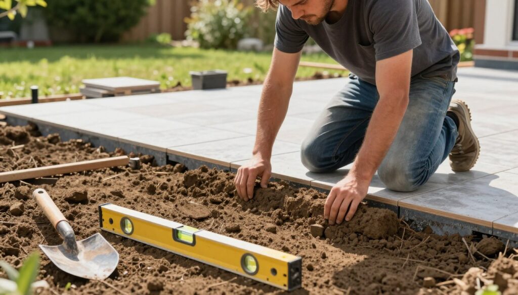 A construction worker in modest casual clothing kneels on a prepared soil base, carefully leveling and compacting it for a patio tile installation, demonstrating the crucial step of substrate preparation. In the foreground, tools like a level, shovel, and tamper are prominently displayed. The middle ground showcases a partially set patio area, with neatly arranged, ungrouted tiles waiting for their final placement. The background features a bright, sunlit outdoor setting, with green grass and trees, creating a vibrant and inviting atmosphere. Soft, natural lighting highlights the worker's focus and the textures of the materials. Capture the professional and methodical mood of the scene, emphasizing the importance of a solid foundation for a successful outdoor tiling project.