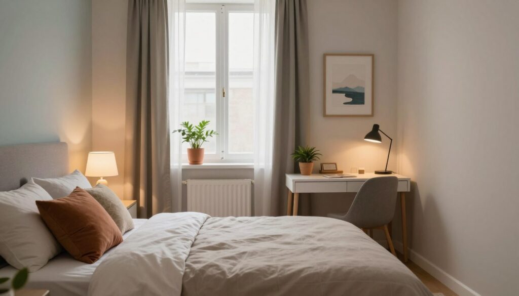 A cozy and serene bedroom in a city apartment, showcasing effective use of small space. The foreground features a neatly made bed with soft, neutral-toned bedding and a few colorful accent pillows. On one side, there’s a stylish nightstand with a modern lamp casting warm, inviting light. The middle layer includes a minimalist desk with potted plants and a serene piece of wall art. In the background, a window with sheer curtains lets in natural light, creating a soft, tranquil atmosphere. The walls are painted in calming pastel shades, enhancing the sense of peace. The overall mood is soothing and organized, perfect for a small living space where comfort and aesthetics harmoniously blend.