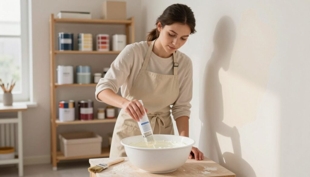 A cozy and well-lit interior painting space showcasing the process of lightening wall paint. In the foreground, a pristine white bowl filled with a watery paint mixture sits prominently, with a professional paintbrush resting beside it. In the middle, a painter wearing a modest apron and professional attire carefully mixes the paint with a specialist lightening agent, their focused expression indicating expertise. The background features shelves lined with various paint cans and color swatches, creating an inviting atmosphere, while warm, diffused natural light filters in through a nearby window, casting soft shadows. The overall mood conveys a sense of creativity and precision, capturing the essence of achieving the perfect paint shade without compromising quality.
