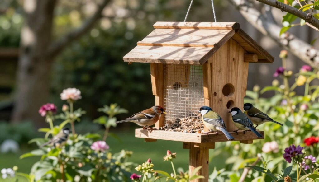 A cozy bird feeder nestled in a serene garden setting, designed specifically for various species of birds. The feeder is made from natural wood, with a sloped roof and multiple feeding compartments, surrounded by vibrant greenery. In the foreground, a small group of colorful birds, such as finches and chickadees, perch on the feeder, eagerly pecking at seeds. The middle ground features blooming flowers and lush shrubs, creating a welcoming atmosphere. The background shows soft, dappled sunlight filtering through the trees, casting gentle shadows, evoking a tranquil and inviting mood. The entire scene should be captured with a shallow depth of field, focusing on the feeder and birds, while the rest remains slightly blurred to enhance the subject's prominence.