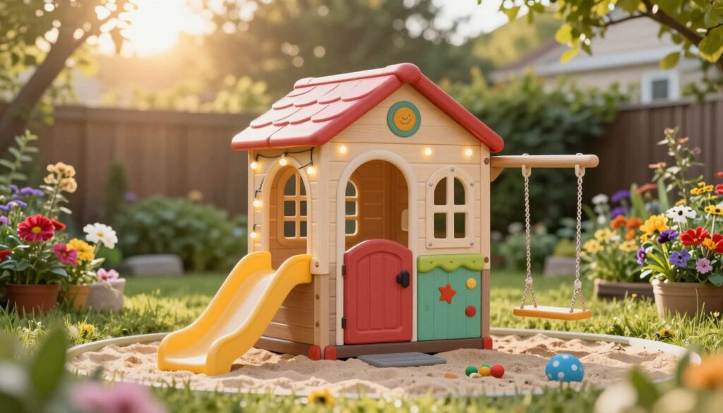 A cozy children's playhouse nestled in a vibrant backyard, surrounded by colorful flowers and soft greenery. In the foreground, playful outdoor toys such as a miniature slide, swings, and a sandbox invite kids to play. In the middle, the playhouse features whimsical decorations like fairy lights and a charming little door, painted in bright colors. In the background, a soft, golden sunlight filters through tall trees, creating a warm and inviting atmosphere. The scene conveys joy and imagination, capturing the essence of fun and safe play. The lens should focus on the playhouse slightly from a low angle to emphasize its charm, with a shallow depth of field to soften the background.