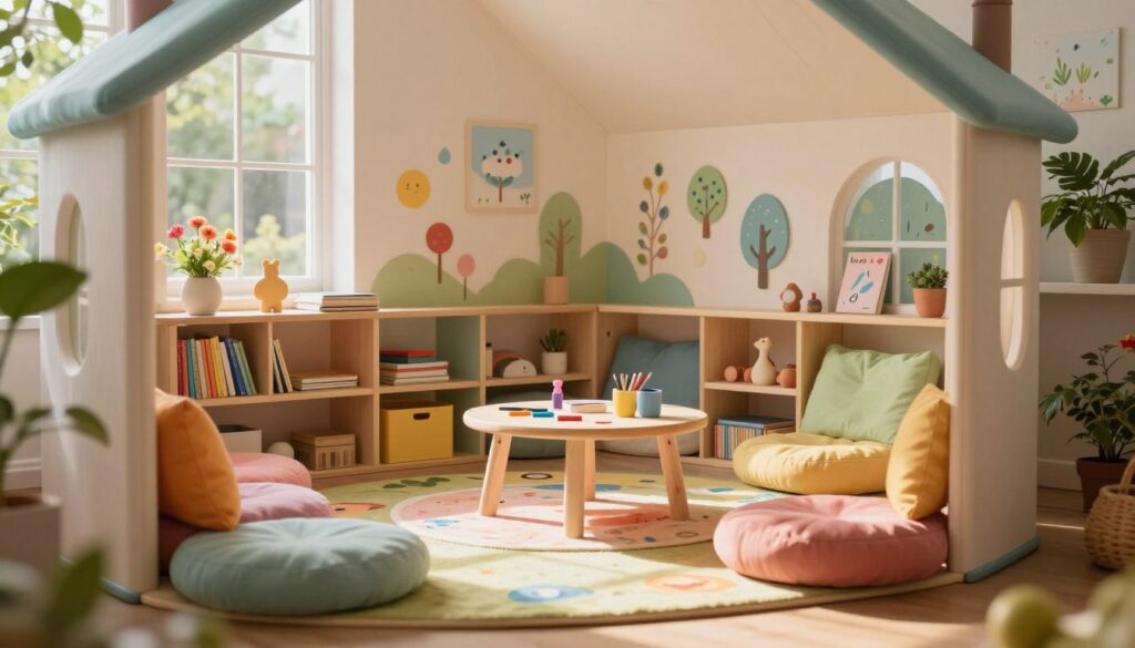 A cozy garden playhouse interior designed for children, featuring a whimsical and cheerful atmosphere. In the foreground, colorful cushioned seating and playful rugs make a welcoming area, surrounded by shelves filled with books and toys. The middle layer showcases a small wooden table with art supplies, inviting creativity, and a child-friendly decor with pastel-colored walls adorned with fun, nature-themed artwork. In the background, large windows let in soft, natural light, creating a warm ambiance, while flowers and greenery can be seen just outside. The perspective is from a low angle, emphasizing the playfulness of the space, with the sunlight casting gentle shadows, enhancing the inviting mood. The scene is safe, functional, and charming, perfect for imaginative play.