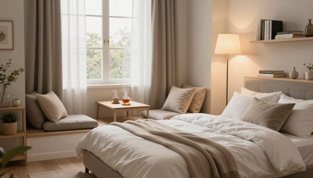 A cozy living room featuring a stylish and functional sleeping area. In the foreground, a neatly made bed with elegant bedding is positioned against a modern shelf filled with books and decorative items. Soft lighting from a nearby floor lamp casts a warm glow, creating a relaxing atmosphere. In the middle, a small coffee table with a steaming cup of tea and a couple of decorative cushions adds a touch of comfort. The background shows large windows with curtains gently blowing in the breeze, allowing natural light to flood the space. The walls are painted in soft, calming colors, contributing to a serene mood. The room is designed with an emphasis on blending functionality with modern aesthetics, perfect for maximizing space without sacrificing style.
