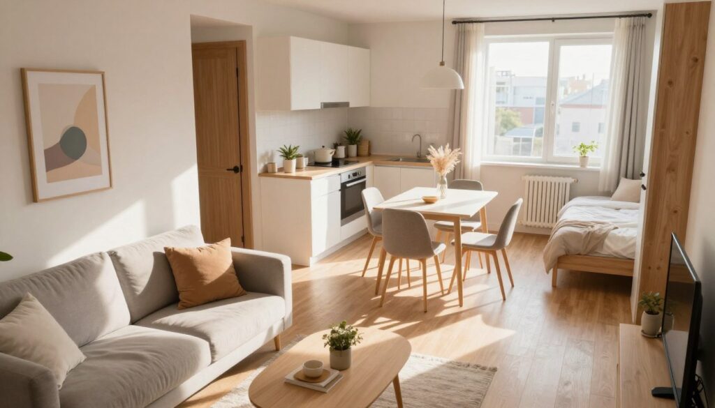 A cozy, well-designed small apartment of 38 m² featuring distinct functional zones for living, dining, and sleeping. In the foreground, a compact living area with a stylish sofa and a coffee table, accented by soft cushions. The middle section showcases a modern dining area with a small table and chairs, elegantly arranged to maximize space. The background reveals a minimalist kitchen with clever storage solutions. Natural light streams through a large window, casting warm shadows across the room, creating an inviting atmosphere. The color palette consists of soft pastels blended with wood accents, enhancing a feeling of openness and organization. The composition is captured from a slightly elevated angle, providing a comprehensive view of the layout while emphasizing the clever zoning of the spaces.