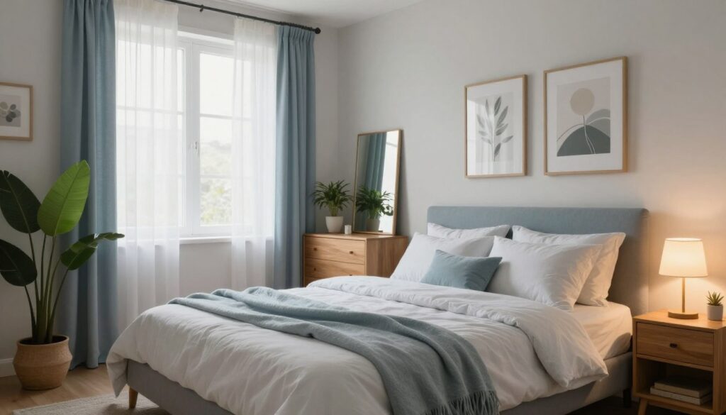 A cozy, well-designed small bedroom in a 40 m² apartment, featuring a modern minimalist aesthetic. The foreground includes a neatly made queen-sized bed with plush pillows and a soft throw blanket. A stylish nightstand holds a small lamp with warm, ambient lighting. In the middle ground, an elegant wooden dresser complements a full-length mirror that reflects soft natural light entering through a large window adorned with sheer curtains. Beautiful indoor plants add a touch of greenery and freshness. The background showcases understated wall art and neutral-colored walls, contributing to a serene atmosphere. The room exhibits a sense of spaciousness and comfort, with a soft color palette of light blues and whites, creating a bright and inviting environment. The angle captures the room from a corner, emphasizing the layout efficiency and harmonious decor.