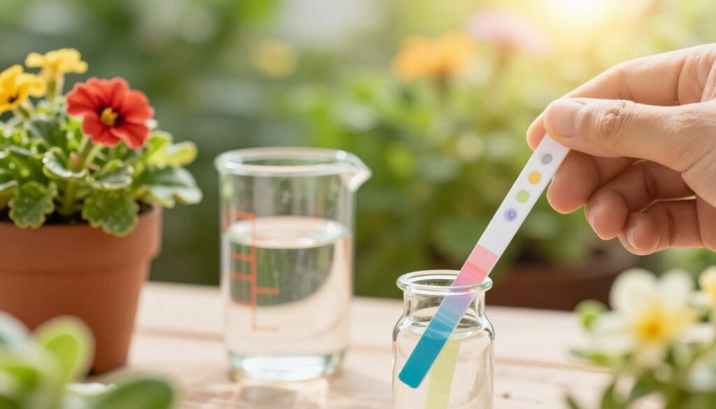 A detailed close-up of a water hardness test kit, with a focus on colorful test strips immersed in a small glass vial filled with tap water. In the foreground, show the test strips displaying varying color values to indicate hardness levels. In the middle ground, include a measuring cup and a potted plant, such as a vibrant flower or a leafy vegetable, highlighting the connection to gardening. The background should feature a soft-focus view of a sunny garden with green foliage and blooming flowers to convey a healthy planting environment. Use warm, natural lighting to create a welcoming atmosphere, with a slight lens flare to suggest a bright, cheerful day, evoking feelings of growth and nurturing.