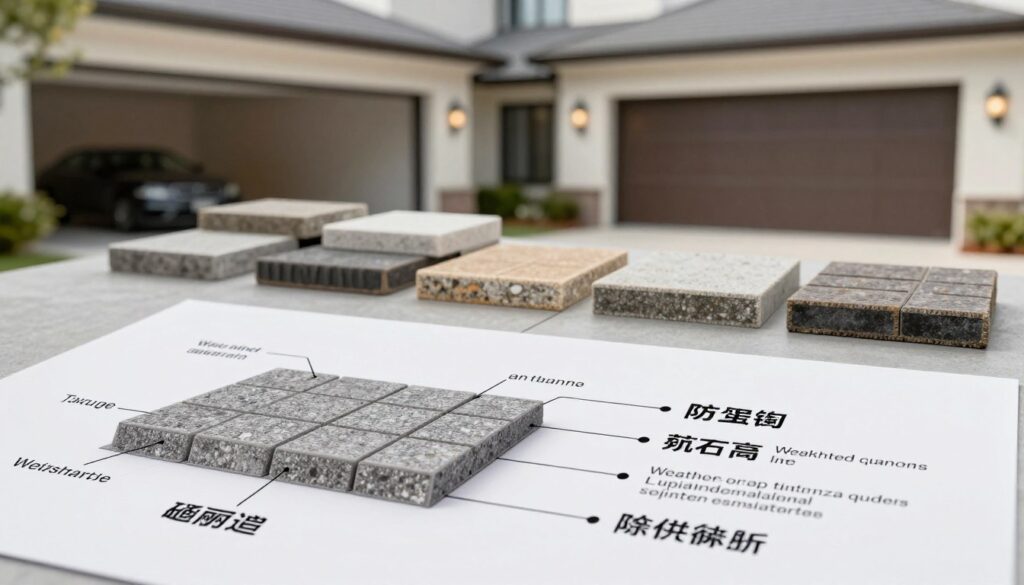 A detailed, close-up view of a technical specification poster highlighting key parameters of paving surfaces for garages, set against a clean, modern backdrop. In the foreground, a precise schematic diagram illustrating the characteristics of a durable and resilient paving material, with annotations for texture, weight capacity, weather resistance, and maintenance requirements. In the middle ground, samples of various paving stones are displayed, showcasing different colors and finishes. The background features a blurred image of an elegant garage setting with natural lighting that emphasizes the paving material's aesthetic appeal. The atmosphere is professional and informative, designed to convey reliability and practical application in everyday use.