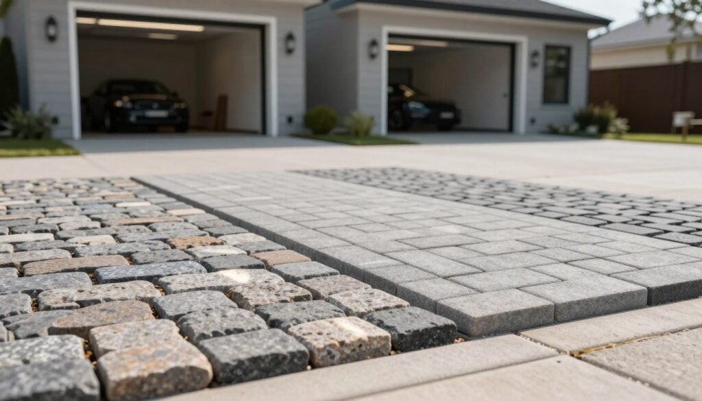 A detailed comparison of paving stones in a garage setting. In the foreground, display two types of paving stones—one traditional cobblestone and another modern interlocking design—on a well-maintained driveway. The stones should be highlighted with sunlight reflecting off their surfaces, showing texture and color variation. In the middle ground, include a sleek, contemporary garage in the background, with open doors showcasing the interior. Natural light pours in, enhancing the inviting atmosphere. Consider a shallow depth of field that brings focus to the paving stones while subtly blurring the garage details. The overall mood should be professional, showcasing a practical, durable environment for everyday use, with a clean and organized aesthetic that reflects reliability and functionality.