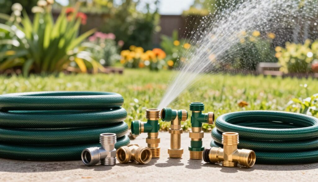 A detailed composition showcasing a selection of garden hoses and connectors designed to optimize water pressure. In the foreground, there are various types of hoses, including expandable and reinforced types, arranged neatly. Midway, highlight high-quality connectors, emphasizing their compatibility with different hose sizes and designs. The background features a vibrant garden setting under bright afternoon sunlight, casting soft shadows that enhance the depth of the scene. Use a wide-angle lens to capture a comprehensive view, providing an inviting and practical atmosphere. The image should exude a sense of efficiency and innovation, reflecting the importance of proper hose and connector selection in enhancing water pressure for effective gardening.