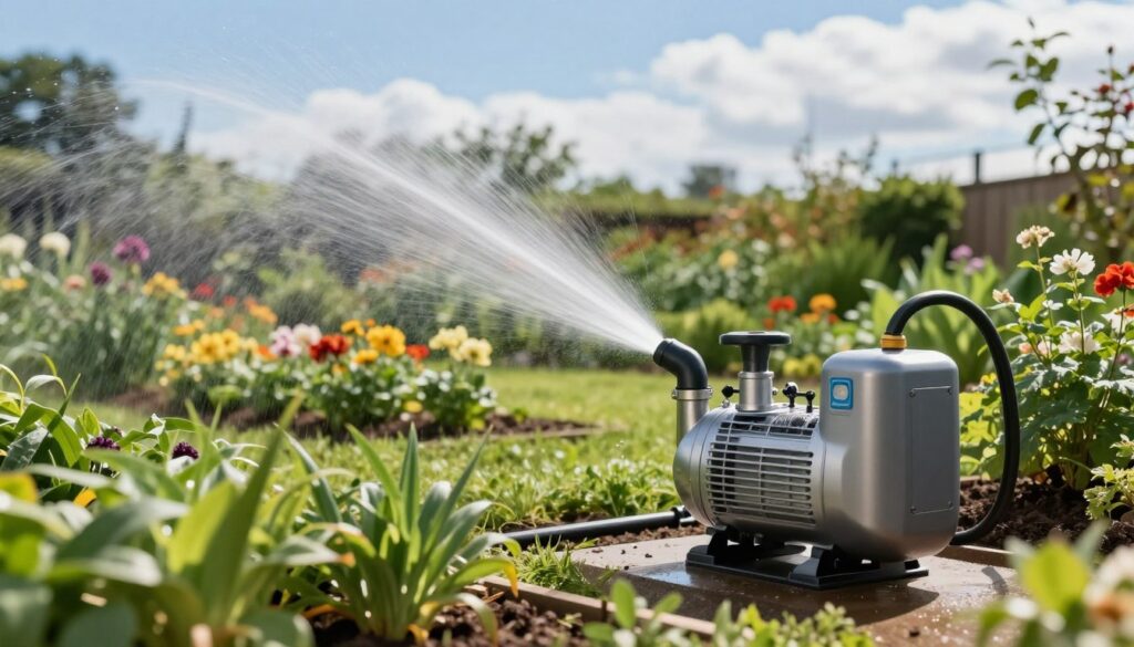 A detailed garden scene featuring advanced hydrofor pumps used for increasing water pressure. In the foreground, depict a sleek, modern hydrofor pump with metallic surfaces, pipes, and controls, surrounded by healthy green plants. In the middle ground, illustrate well-watered garden beds with vibrant flowers and shrubs, showcasing the effects of enhanced irrigation. The background should include a clear blue sky with soft, fluffy clouds and a distant tree line, creating a serene and productive atmosphere. Use bright, natural lighting to emphasize the pump's efficiency and the lushness of the garden. Capture the scene with a slight low-angle perspective, inviting viewers into this flourishing outdoor space, reflecting innovation in garden watering solutions.