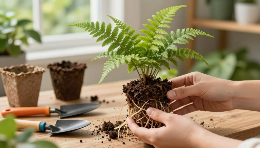 A detailed illustration of a fern root ball being divided for propagation, featuring hands gently separating the roots. In the foreground, focus on the textured, earthy roots and lush green fronds of the fern. In the middle ground, display gardening tools like a trowel and shears, with a potting mix ready for planting. The background should depict a serene indoor garden environment with soft natural lighting filtering through a window, highlighting the rich colors of the greenery. Capture the sense of nurturing and growth, ensuring the atmosphere is calm and encouraging, ideal for a gardening enthusiast. The composition should be well-balanced, inviting viewers to engage with the process of propagation visually.