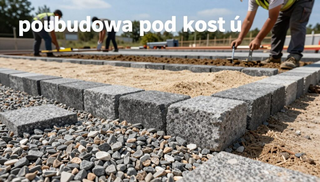 A detailed illustration of a robust "podbudowa pod kostkę" (sub-base for cobblestone), showcasing various layers of gravel and sand meticulously arranged to provide stability for a paving surface. In the foreground, focus on the texture of the grains and the careful leveling of the materials. In the middle, depict workers in professional attire, accurately measuring and compacting the layers, ensuring precision in the preparation process. The background should feature a clear blue sky and trees, highlighting the outdoor construction setting. Use natural daylight to create bright, inviting lighting that accentuates the details of the materials and the meticulous work being done. Aim for a professional and informative atmosphere, emphasizing the importance of a stable sub-base for paving.