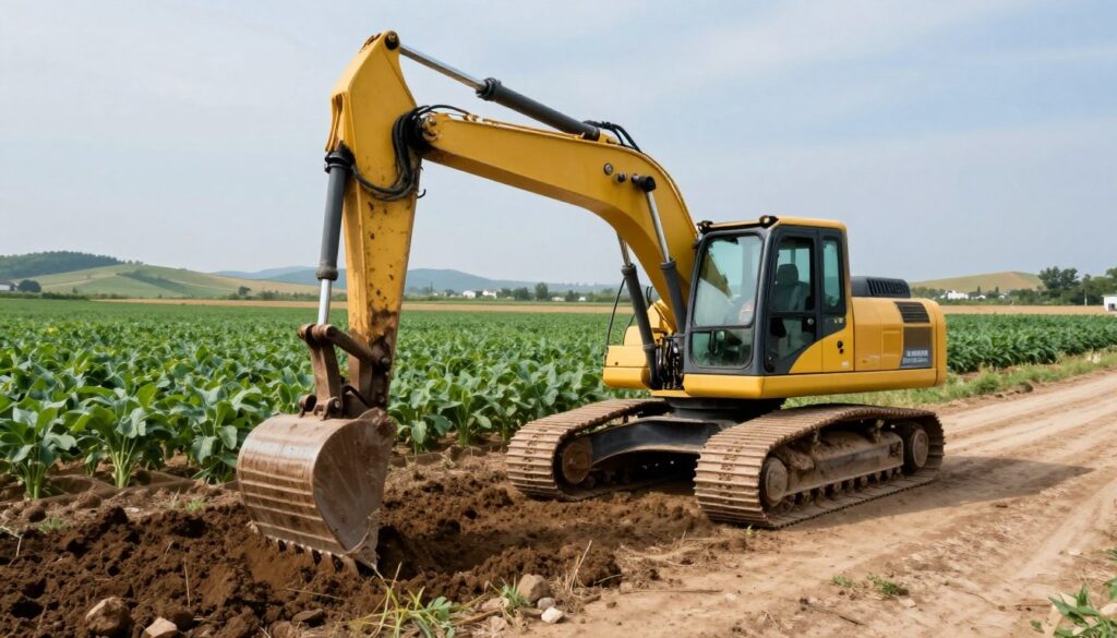 A detailed image of a specialized excavator working on a farm, showcasing its application in niche agricultural tasks. In the foreground, the excavator is positioned dynamically, with a scoop digging into rich, dark soil, capturing motion and technique. The middle ground features rows of lush crops, indicating the agricultural setting, while a well-maintained dirt road leads to the excavation site. In the background, a wide blue sky melds with distant rolling hills, enhancing the rural atmosphere. Soft, natural lighting illuminates the scene, emphasizing the vibrant colors of the landscape. The mood is industrious yet calm, reflecting the relationship between advanced machinery and sustainable farming practices. No text or watermarks are present.
