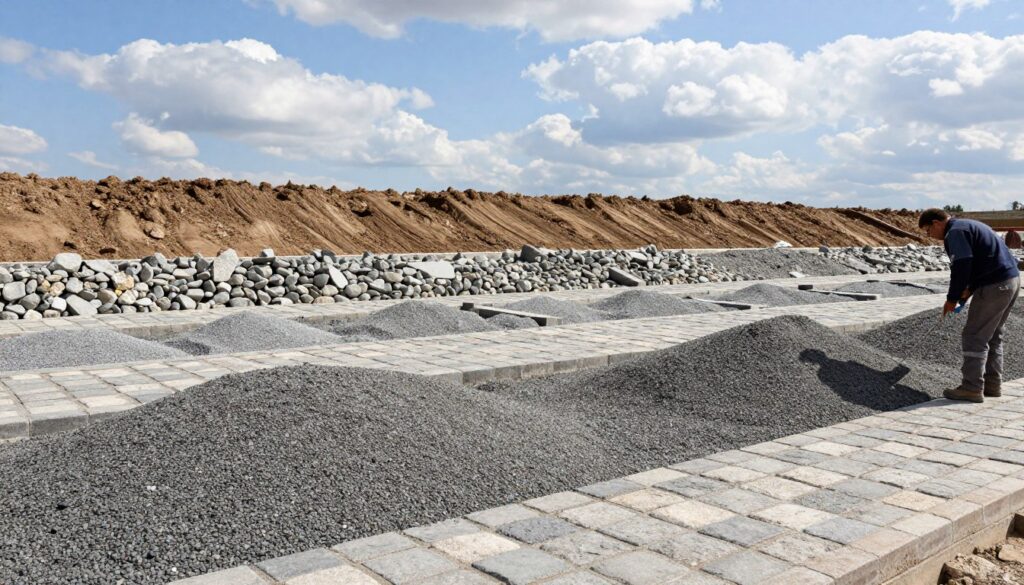 A detailed landscape showcasing a construction site preparing a solid base for cobblestone paving. In the foreground, a worker in professional attire examines a layer of granular aggregates, ensuring uniformity. The middle ground features a carefully built base of various crushed stones laid out meticulously, illustrating the different sizes and types ideal for stability. The background highlights a clear blue sky with fluffy white clouds, enhancing the construction setting. Soft, natural lighting casts gentle shadows, emphasizing the textures of the gravel and soil. The overall atmosphere conveys meticulous preparation and professionalism in groundwork, focusing on the critical aspect of selecting appropriate materials for a sturdy foundation.
