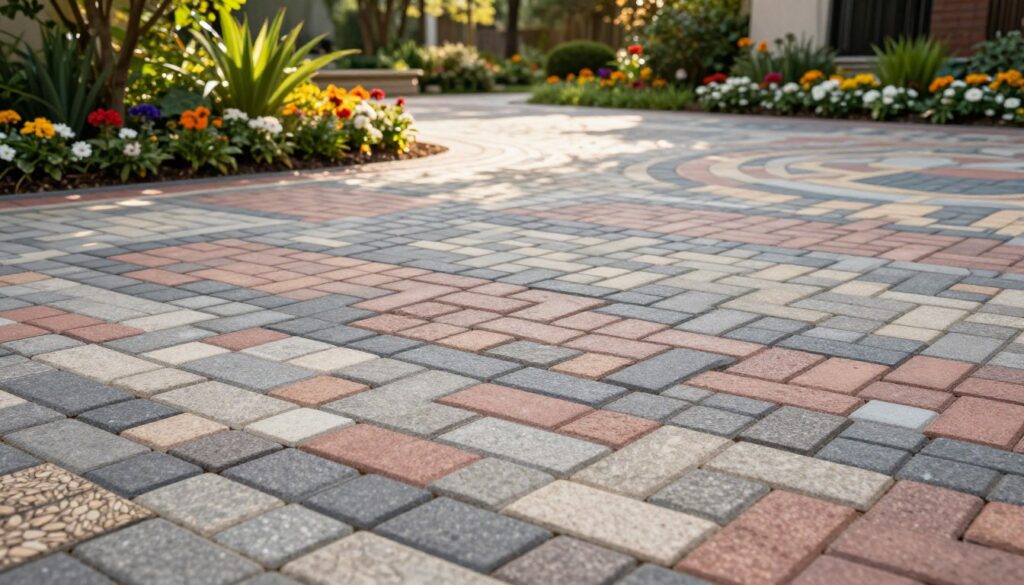 A detailed layout of colorful paving stones arranged in various intricate patterns, showcasing different configurations such as herringbone, basketweave, and staggered patterns. In the foreground, a close-up of different paving stones with distinct textures and colors, emphasizing their geometric shapes and smooth surfaces. The middle ground features a larger section of the laid stones in a well-maintained garden setting, surrounded by lush greenery and vibrant flowers. In the background, soft sunlight filters through the trees, casting gentle shadows and illuminating the patterns on the ground. The atmosphere is serene and professional, highlighting the artistic yet practical nature of paving design. The composition should reflect clarity and focus on the paving patterns without any distracting elements or text.