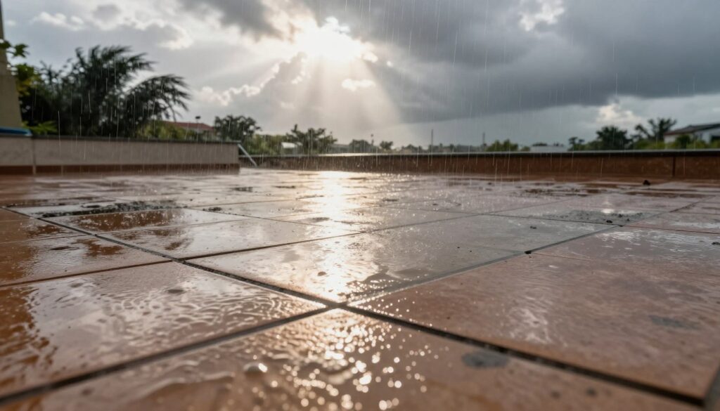 A detailed outdoor scene depicting various weather conditions influencing the curing process of grout for terrace tiles. In the foreground, close-up views of wet tiles with visible grout lines, glistening under a mixture of sunlight and overcast clouds. In the middle ground, a light rain falls on the tiles while patches of sunlight break through the clouds, creating a dynamic interplay of light and shadow. The background shows dark grey clouds gathering, with distant silhouettes of trees swaying gently in the wind. The atmosphere conveys a sense of urgency, illustrating how moisture and temperature fluctuations affect the curing process. The lighting is soft yet dramatic, emphasizing the contrast between wet and dry surfaces, set in a realistic, natural outdoor setting that reflects the impact of varying weather conditions.