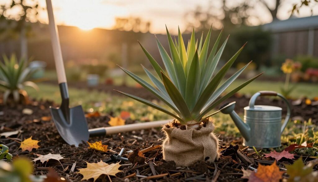 A detailed scene depicting the protection of a garden yucca plant during winter. In the foreground, showcase a healthy yucca plant surrounded by mulch and burlap wrapping around its base, signifying winter protection. The middle ground features gardening tools such as a spade and a watering can, subtly reflecting care processes, while various colorful autumn leaves scatter on the ground. In the background, a soft, golden sunset casts warm light across the garden, creating gentle shadows. The atmosphere should feel tranquil and nurturing, suggesting preparation for the cold months ahead. Use a shallow depth of field to emphasize the yucca while maintaining a soft focus on the background, enhancing the warm, inviting mood of the scene.