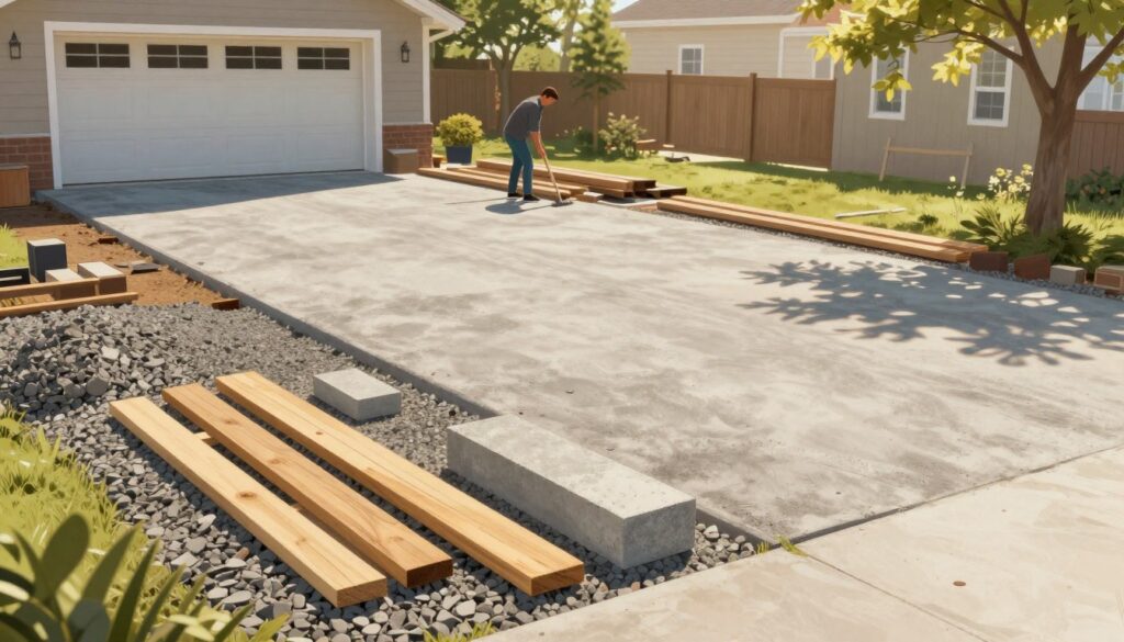 A detailed step-by-step illustration depicting a temporary garage driveway under construction. In the foreground, show various materials such as gravel, wooden planks, and concrete blocks neatly arranged. The middle ground features a partially constructed driveway, with someone in modest casual clothing carefully laying down materials, using tools like a rake and shovel. The background displays a home environment, with a garage visible and some trees gently swaying in the breeze, creating a serene atmosphere. The scene is bathed in warm, natural sunlight, casting soft shadows that add depth to the image. Capture this scene from a slightly elevated angle to provide a comprehensive view of the process, emphasizing the effort and simplicity of creating a cost-effective driveway solution.