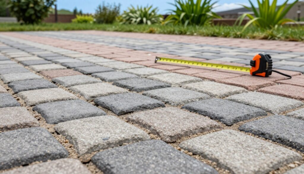 A detailed view of a freshly paved surface made of interlocking cobblestones, known as "kostki brukowej," showcasing various patterns and colors. In the foreground, focus on the texture of the cobblestones, highlighting their smooth edges and small gaps filled with sand. In the middle ground, include a measuring tape laid out next to the cobblestones, suggesting the process of calculating the area needed. The background features a well-maintained garden with vibrant green plants and a clear blue sky, adding freshness to the scene. Soft, natural lighting creates an inviting atmosphere, emphasizing the details of the cobblestones and the measuring tape. The angle should be slightly tilted downwards, capturing both the cobblestones and the measuring tape in one frame.