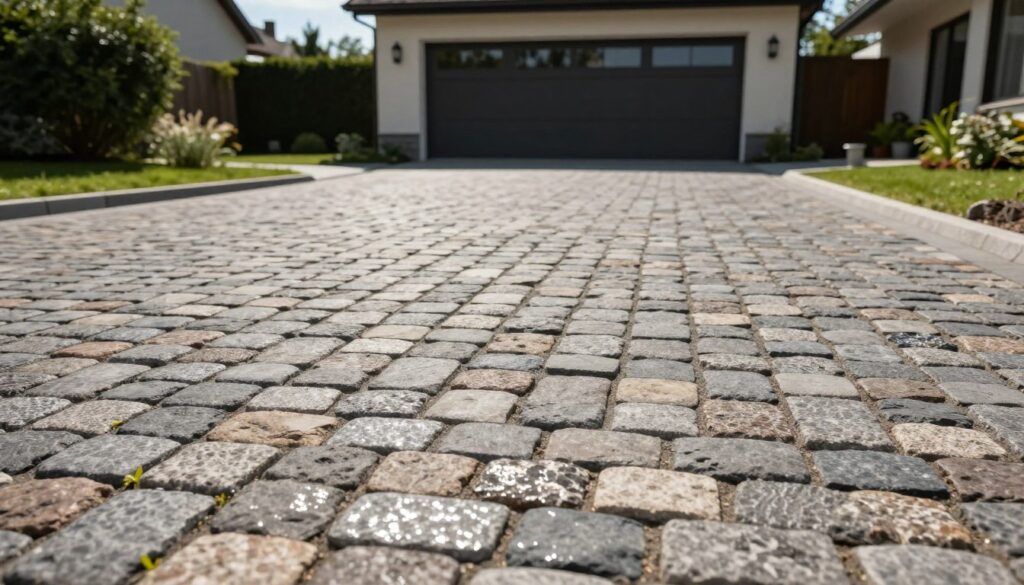 A detailed view of a well-constructed driveway made from high-quality cobblestone (kostki brukowej), showcasing various shades of gray, brown, and beige stones intricately laid in a neat pattern. The foreground features a close-up of the cobblestones, highlighting their texture and reflective surfaces glistening under soft, natural sunlight. In the middle ground, a smoothly paved driveway leads towards a modern garage, surrounded by well-maintained greenery, creating an inviting atmosphere. The background includes a clear blue sky, adding a sense of tranquility. The image captures the durability and aesthetic appeal of cobblestone as a standard surface choice for driveways, emphasizing its resilience against heavy loads and its timeless beauty. The overall mood is professional and serene, perfect for illustrating the advantages of cobblestone paving.