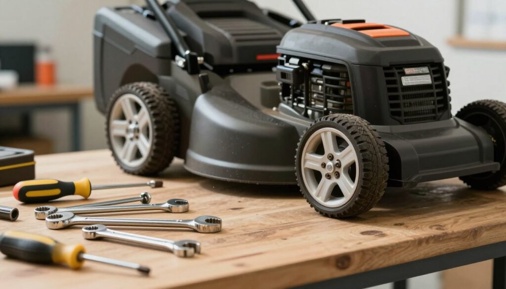 A detailed workbench scene featuring essential tools for removing a wheel from a lawn mower. In the foreground, arrange a variety of tools such as wrenches, a wheel jack, and screwdrivers scattered around the bench. The middle ground should show an open lawn mower with its wheel partially removed, showcasing the components involved in the process. The background can feature a soft-focus garage setting, emphasizing a clean, organized workspace. The lighting should be bright and natural, illuminating the tools while casting gentle shadows, creating a professional atmosphere. Use a slightly angled perspective to draw attention to the tools and the mower, evoking a sense of practicality and readiness for the task at hand.
